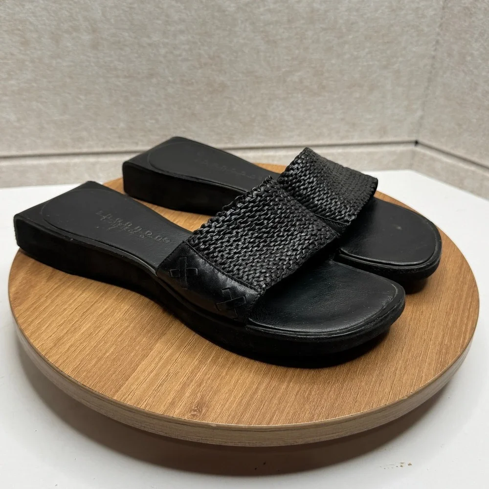 Shannon Diego Slide Sandals Woven Faux Leather Upper Black rubber Slides Size 7M